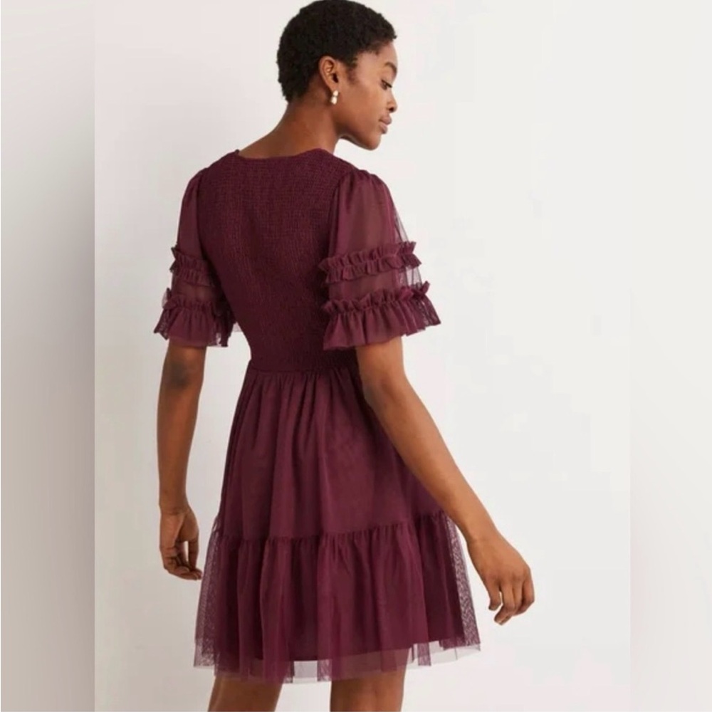 Boden Burgundy Smocked Tulle Tiered Mini Party Dress - Size US 8R romantic party - Picture 2 of 11